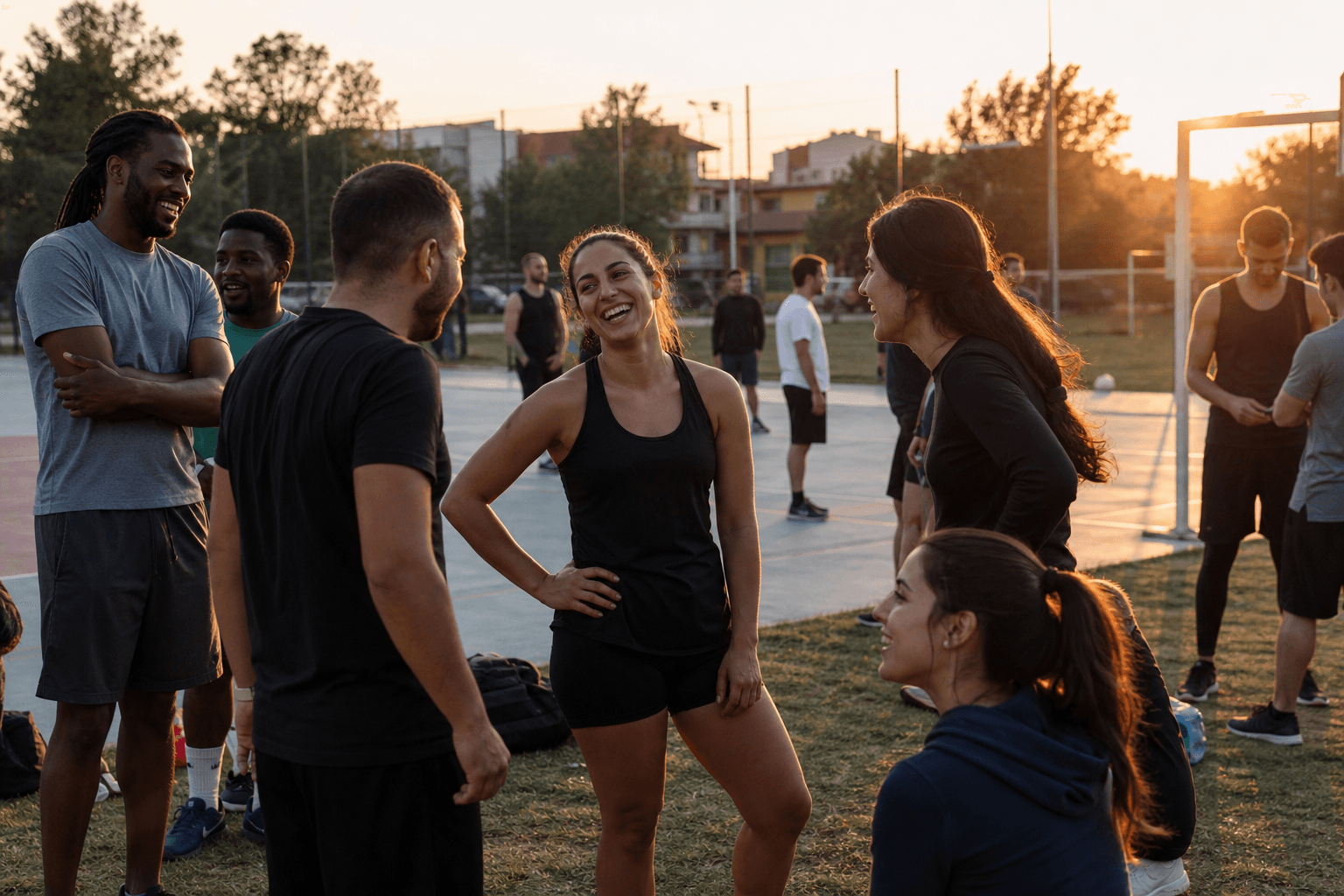 Community sports club members gathering outdoors at a Sunday clinic